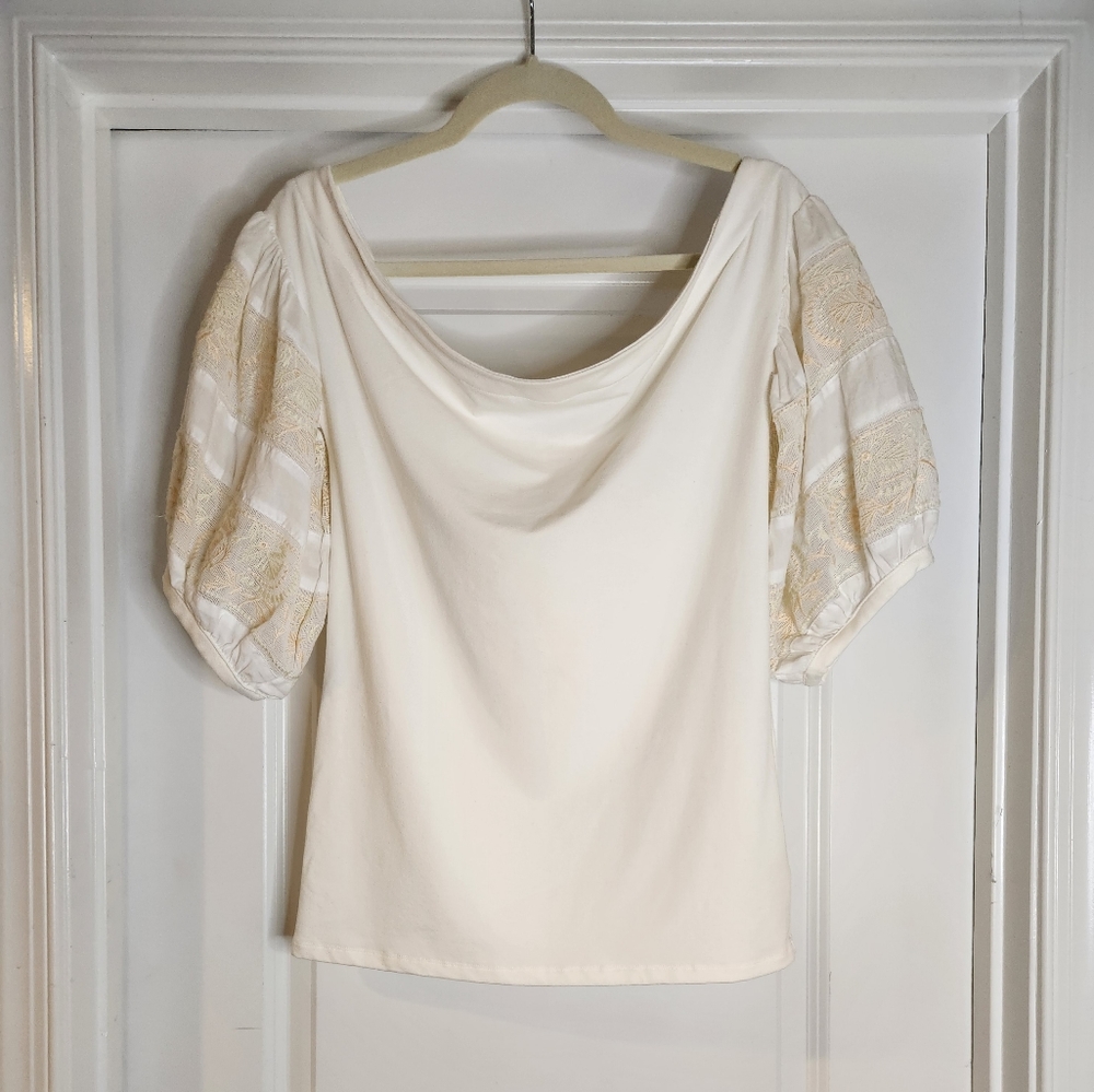 Free People Boat Neck Embroidered Puff Sleeve Top